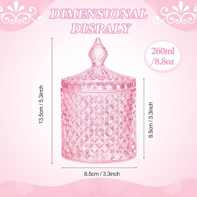 Aoriher 4 Pcs Crystal Glass Candy Jar Set with Lids Home Decorative Storage Jars for Apothecary, Bathroom, Kitchen, and Pantry, Ideal for Cotton Swabs and Jewelry(Medium,Pink)