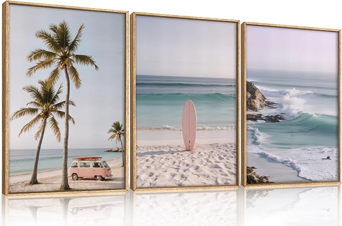 HPINUB Beach Seascape Framed Canvas Wall Art Set,Palm Tree Surfboard Nature Wall Decor,Modern Coastal Landscape Artwork Relax Summer Ocean Art Print for Living Room,Bedroom,Bathroom Decor-16 x24 x3