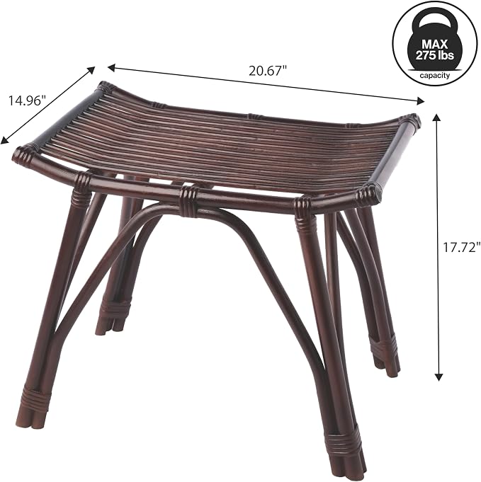 JONATHAN Y Gabriel 18" Handcrafted Rattan and Teak Wood Vanity Stool, Bohemian Backless Accent Ottoman Footstool, Dark Brown STL3005B