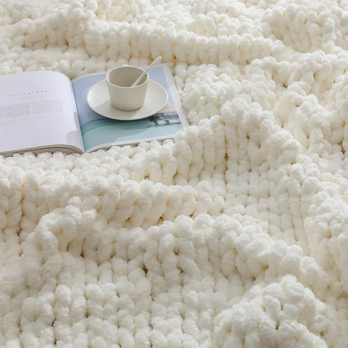 bearberry Chunky Knit Throw Blanket 60x80 Inches Handmade, Soft Jumbo Chenille Yarn with Cable Rope Knot Design, Thick Cozy Large Blanket for Couch, Sofa, Bed & Living Room Home Decor, Cream
