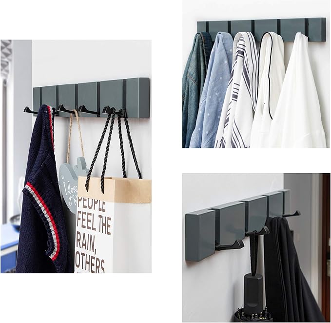 KYSMOTIC Grey Coat Rack Wall Mounted, Modern Coat Hooks for Wall, Space-Saving Folding Coat Hanger for Coats, Keys - Grey 4 Hooks