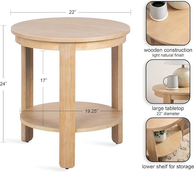 Kate and Laurel Foxford Tiered Round Side Table; 22 x 22 x 25; Light Natural; Transitional Two-Tier Circle Nightstand Table with Storage for Use as Living Room End Table