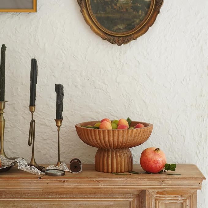 ChagoArt Wooden Fruit Bowl for Kitchen Counter- Large Decorative Bowl for Home Decor Entry Table-Ruffle Fluted Bowl-Scallopedl-Organic Modern Home Decor-Pedestal Footed (Wood Brown)