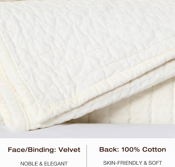 ELEGANT LIFE HOME Velvet Quilt Queen Reversible Royal Cotton Velvet Pic-Stitch Bedding Quilt - Queen - 88''x 92'', Ivory