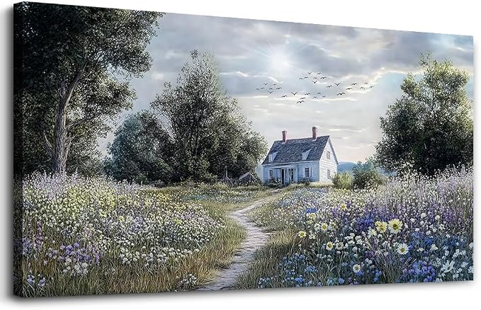 KELIYUAN Wall Art For Living Room Large Wall Decor Canvas Painting Retro Pastoral Flower Sea Landscape Painting Farmhouse Office Bedroom Artwork Picture For Print For Home Decoration 24x48 Inches