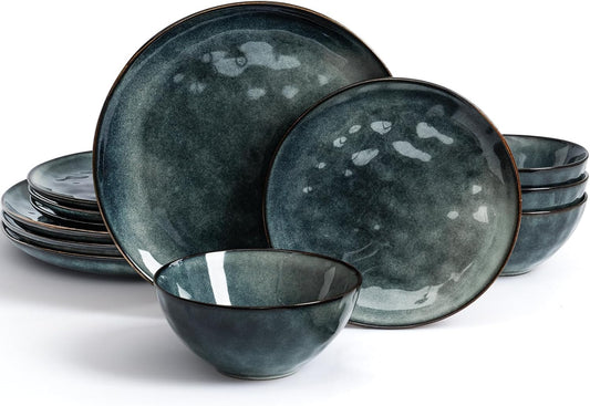 Famiware Dinnerware Sets for 4, Ocean Round 12-Piece Kitchen Plates and Bowls Sets, Reactive Glaze, Microwave and Dishwasher Safe, Scratch Resistant, Deep Forest