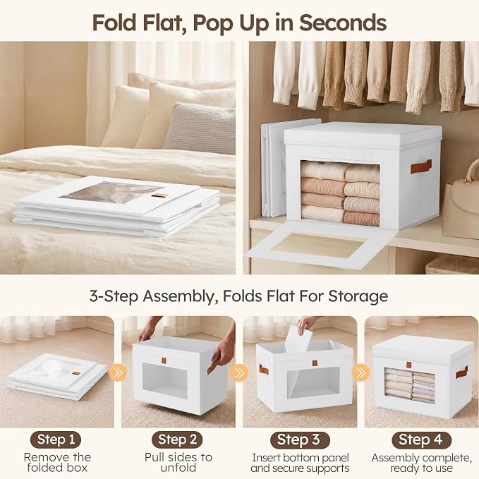 Homsorout Storage Bins with Lids - Front Opening Storage Box with Clear Window & Handles, Stackable Foldable Fabric Bins for Closet Organization, Clothes, Sweaters, Towels, Blankets, 3 Pack, White