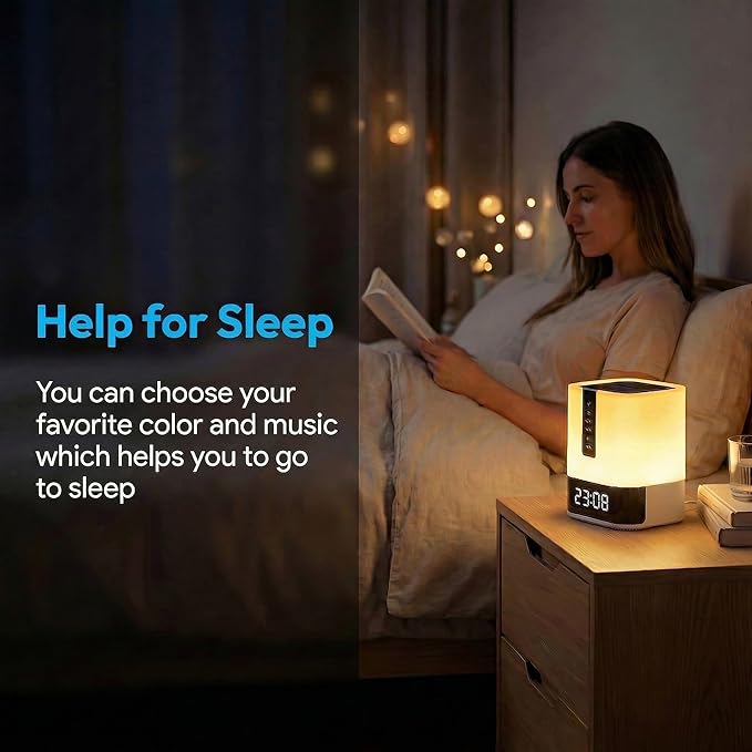 Hetyre Night Light Bluetooth Speaker, 5 in 1 Touch Control Bedside Lamp Dimmable Multi-Color Changing, Bedroom Alarm Clock, Best Birthday Gift Ideas for 10 11 12 13 14 Year Old Teenage Girls/Boys
