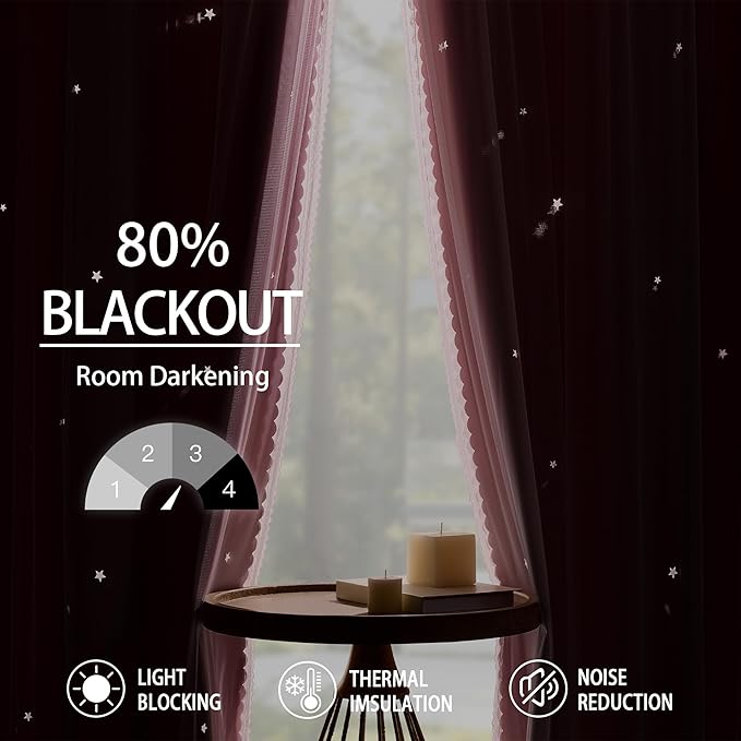 XiDi Star Blackout Curtains for Bedroom 72 Inch Length 2 Panels Pink Curtains with Sheer Overlay for Girls Kids Privacy Thermal Insulated Rod Pocket Window Curtains for Patio French Door W52 x L72