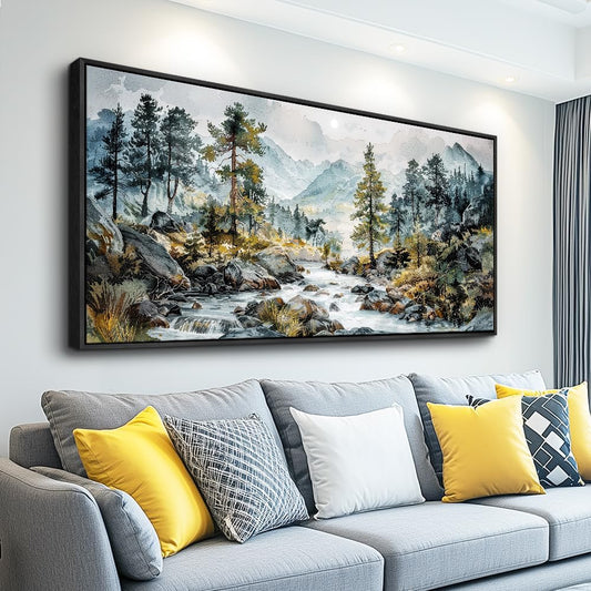 PHAOHUAXM Large Wall Art For Bedroom Wall Decor For Living Room Office Home Decoration Rivulet View Painting Forest Tree Landscape Watercolour Canvas Pictures Ready To Hang Black Framed 20x40 In
