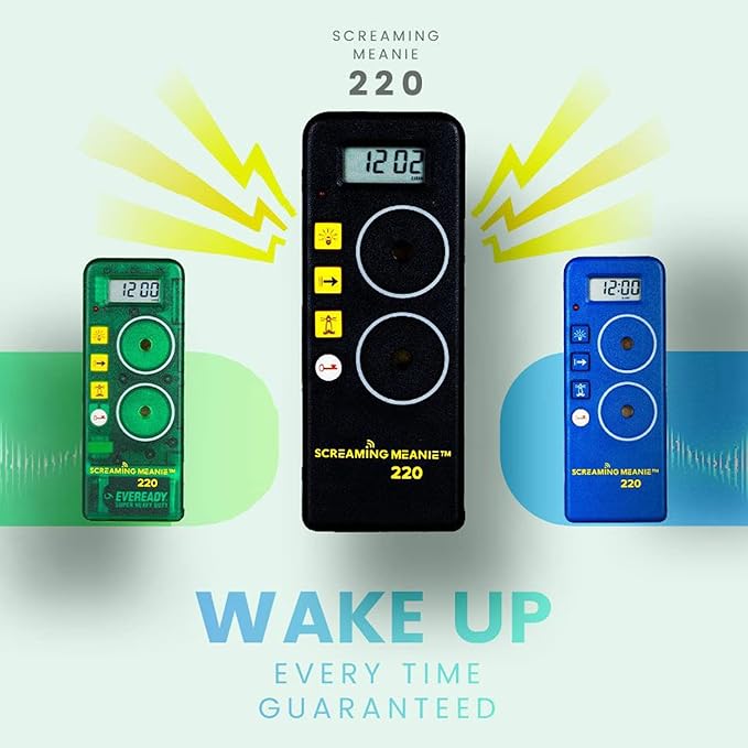 Screaming Meanie 220 Alarm Clock and Timer, Extremely Loud for Deep Sleepers, Multi-Purpose Clock, 3 Sound Levels (with 9v Battery Included) - Green