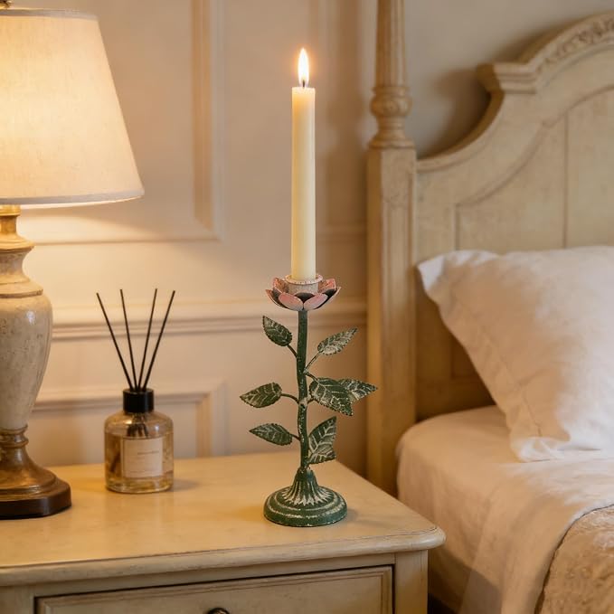 2-Piece Vintage Rose Taper Candle Holders, Distressed Green Metal Candlestick Stands with Pink Floral Design, 12.2" Tall Rustic Farmhouse Tabletop Decor for Wedding, Dining & Home