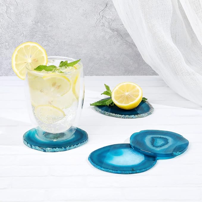 Blue Agate Coaster Set of 4 for Coffee Table | Natural Geode Coasters for Drink, 3.5-4" Stone Coaster Agate Decor for Housewarming Birthday Wedding Gift Father's Day