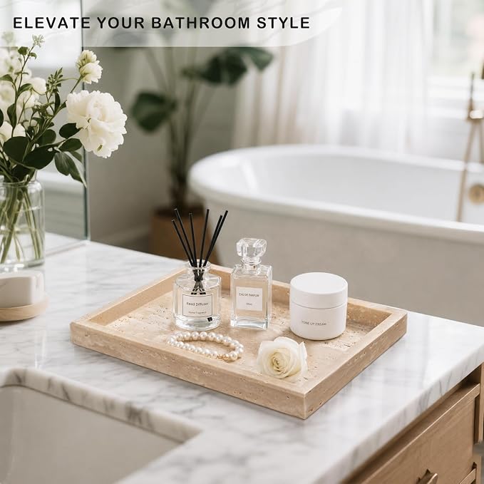 Marble Bathroom Tray for Countertop & Home Decor, Natural Decorative Marble Tray for Jewelry & Perfume Organizer, Stone Vanity Trays for Dresser, Kitchen Counter, 12" x 8", Beige Travertine