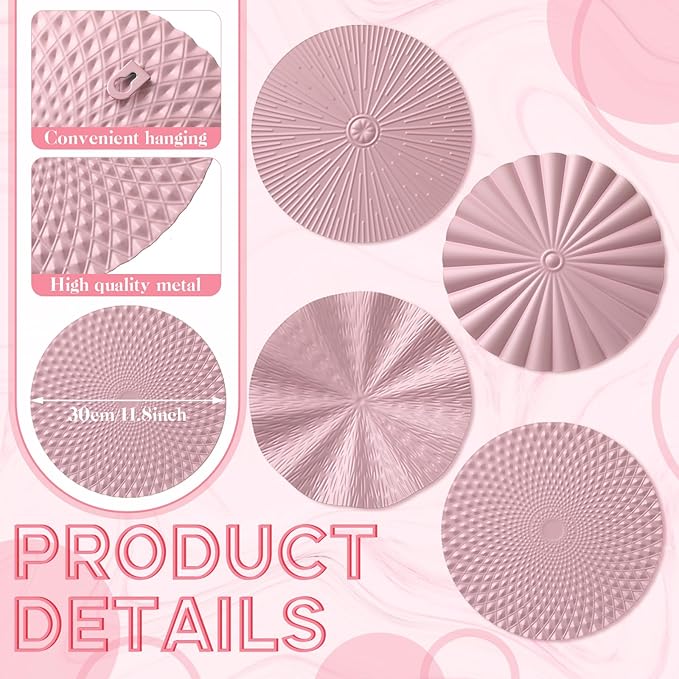 Hicarer 4 Pcs 12 Inch Metal Wall Art Decor Sunburst Hanging Metal Artwork Decor Wall Art Decorations for Home Living Room Office Gift for Christmas (Pink)