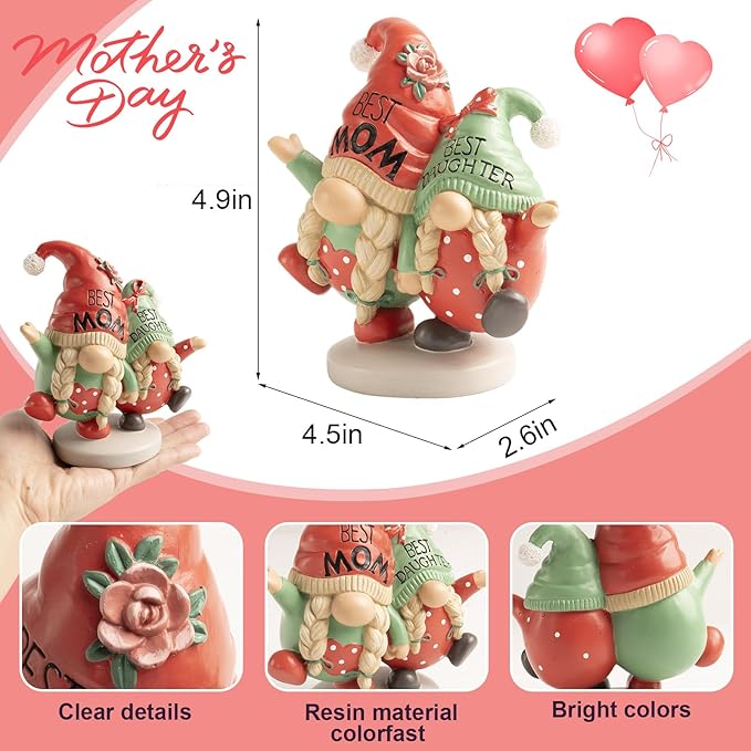Mothers Day Gnome Figurines, Red Green Resin Best Mom Daughter Gnome Decor, Small Statue Birthday Gifts for Mom, Indoor Table Top Centerpieces Shelf Desk Tiered Tray Mantel Home Decorations