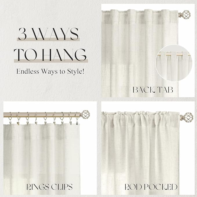 Jowels Warm Beige Linen Curtains 102 Inch Long 2 Panels for Living Room | Light Filtering Semi Sheer Curtain, Back Tab Pocket Pleated Look, Boho Farmhouse Textured Privacy Drapes for Bedroom Window