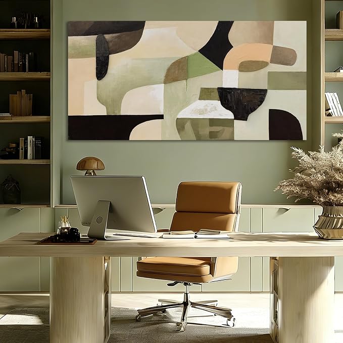 ZUNARE Modern Abstract Green and Beige Canvas Ceramic vessel form Wall Art Minimalist Color Block Artwork Contemporary Painting for Living Room Bedroom Office Wall Decor 24x48 Inch