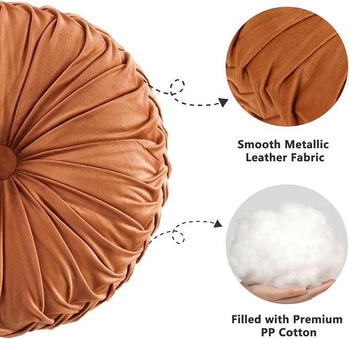 HIG Set of 2 Decorative Round Pleated Throw Pillows, Classy Accent Pumpkin Throw Pillows with Center Button, Vintage Velvet Floor Pillows for Sofa Vanity Chair Bed, Rust, 14.5" Diameter(Ripple)