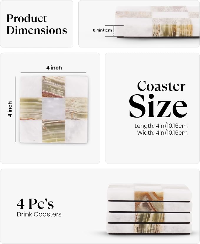 Marble Coasters Set of 4, White & Green Onyx Handmade 4 inch Square Stone Coaster, Decorative Checkered Cup Coaster for Coffee Table, Housewarming Gift & Luxury Kitchen Accessories