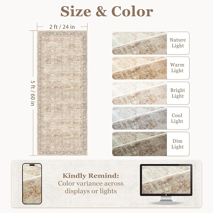 Vintage Neutral 2x5 Rug Runners for Hallways, Non Slip Machine Washable Kitchen Runner, Low Pile Lightweight Carpet Runner for Entryway/Bathroom/Corridor/Laundry Room, Earth Tone Beige Taupe