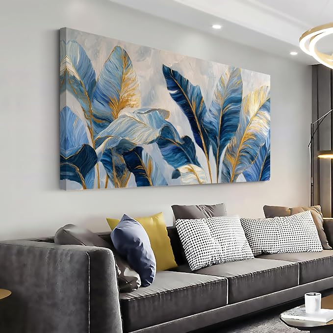 Ggaafet Navy Blue Leaves Wall Art for Bedroom Canvas Painting Prints Botanical Boho Abstract Gold Leaf Art Deco Modern Artwork Office Family Dining Room Decor