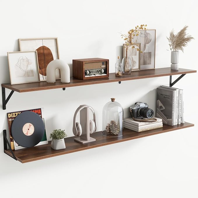 Acovy 55" Long Wall Mounted Floating Shelves,8 inch Deep Floating Shelf with Metal Brackets Set of 2,Easy-to-Install Wall Decor Storage Ledges for Living Room,Bathroom,Bedroom,Kitchen,Office,Walnut