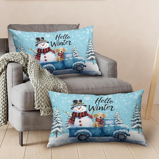 Set of 2 Blue Truck with Snowman Puppy Dog Rectangle Pillowcase Hello Winter Lumbar Pillow Covers 12x20 Snowflakes Snowman Waist Cushion Case for Living Room Bedroom Couch Sofa