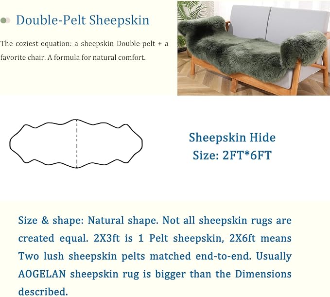 AOGELAN Premium Genuine Fur Sheepskin Rug, Real Australia Sheepskin Natural Luxury Fluffy Lambskin Fur Area Rug Seat Covers for Kids Bedroom Sofa Chair Cover (Dark Green, Double Pelt/2ft x 6ft)