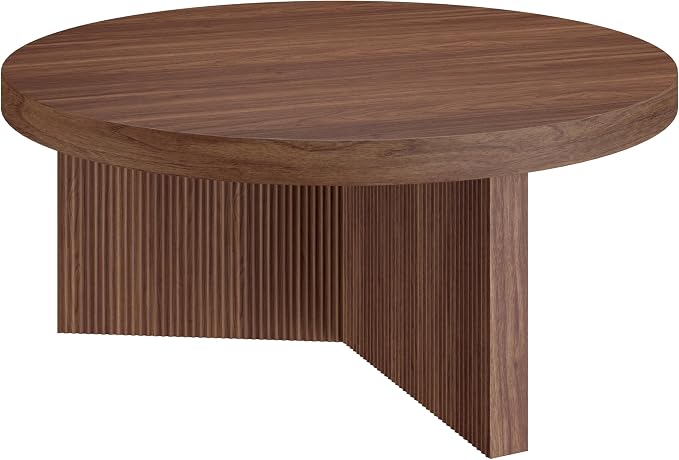 Henn&Hart 36" Fluted Round Low-Profile Coffee Table with Ribbed Pedestal Base Living Room, Family Room, or Office, Medium Walnut