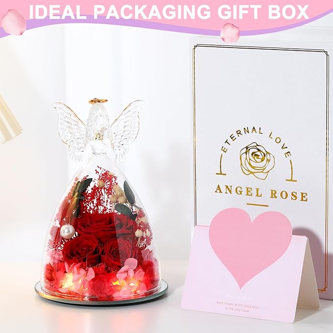 Mothers Day Rose Gifts for Women Preserved Real Flower in Glass Angel Figurines Roses for Delivery Prime Birthday Gifts for Mom Grandma Girlfriend Wife Her, Red Austin Roses