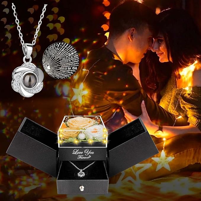 ENERLEAF 3 Preserved Champagne Real Rose-Eternal Flowers Rose Gifts for Mom Grandma Wife Girlfriend on Mothers Day Birthday Valentines Christmas Gifts for Her with I Love You Necklace