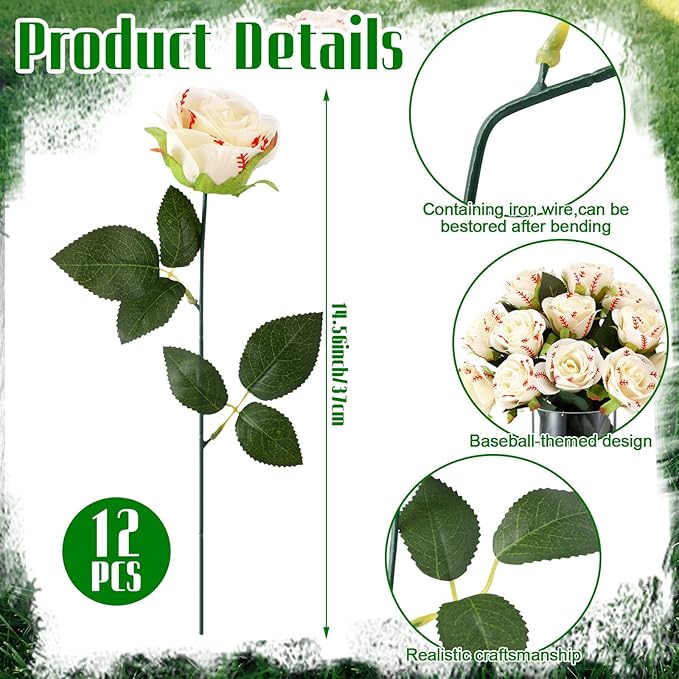 Suncalla 12 Pcs Baseball Rose with Leaves Bulk Artificial Fake White Roses Decor Sports Flower Gifts for Table Centerpieces Graduation Wedding Gift Sports Theme Rose Bouquet Party Favors