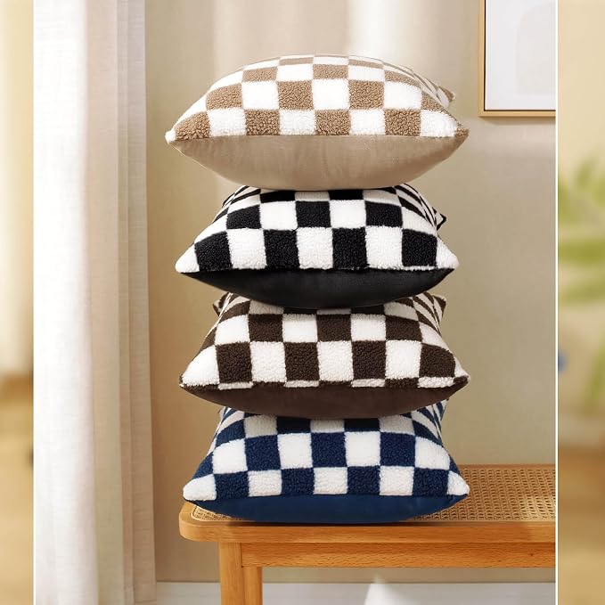 AmHoo Pack of 2 Decorative Throw Pillow Covers Checkerboard Luxury Super Soft Faux Fur Wool Set Case Cushion for Couch Sofa Bedroom 18 x 18-Inch Camel