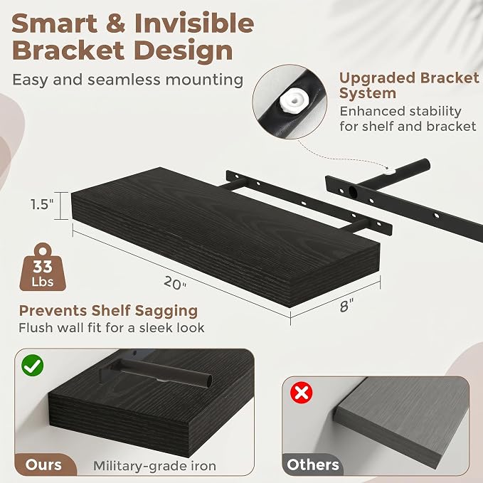 20 Inch Floating Shelves for Wall, 8"D Wood Storage Shelves, Black Finish | Engineered Wood, Invisible Bracket, Large Storage, Easy Install, Hold Up to 33lbs, Living Room, Bathroom, Bedroom, Kitchen