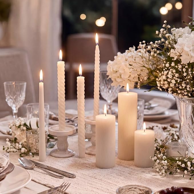 Conelist 9 Pcs Modern Decorative Candles Set, 3 Pillar Aesthetic Ribbed and 6 Spiral Taper Twisted Candles, Unscented Soy Wax for Wedding Holiday Dinner Home Decor (White)