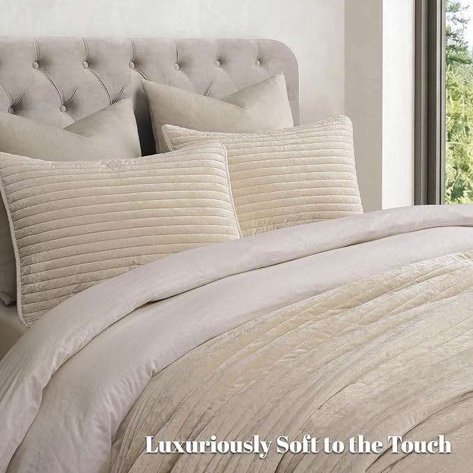 PHF Luxury Velvet Quilt Set King Size – 3PCS Ultra Soft Quilted Comforter Alternative with Striped Channel, Cozy Quilted Bedspread, 1 Coverlet with 2 Matching Shams, 108" x 92", Sand