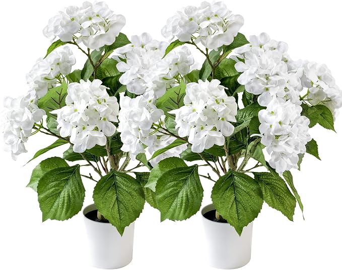 2 Pcs Artificial Hydrangea Tree 2ft Fake Potted Tree, Realistic Faux Hydrangea Tree in Pot for Front Porch Entryway Indoor Outdoor Home Office Decor, UV Resistant Artificial Outdoor Plants