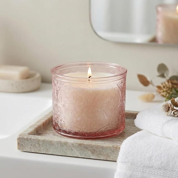 10 oz Pink Mandala Glass Candle Jars with Bamboo Lids, 9 Pack | Patented Embossed Design, Includes Wick Centering Devices & Warning Labels, Multiple Color Options