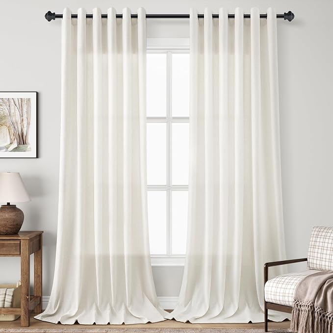 Extra Wide Cream Linen Grommet Curtains 102 Inches Length for Living Room Neutral Farmhouse Light Filtering Semi Sheer Drapes Ceiling to Floor for Large Privacy Window Curtain Natural Ivory 70x102