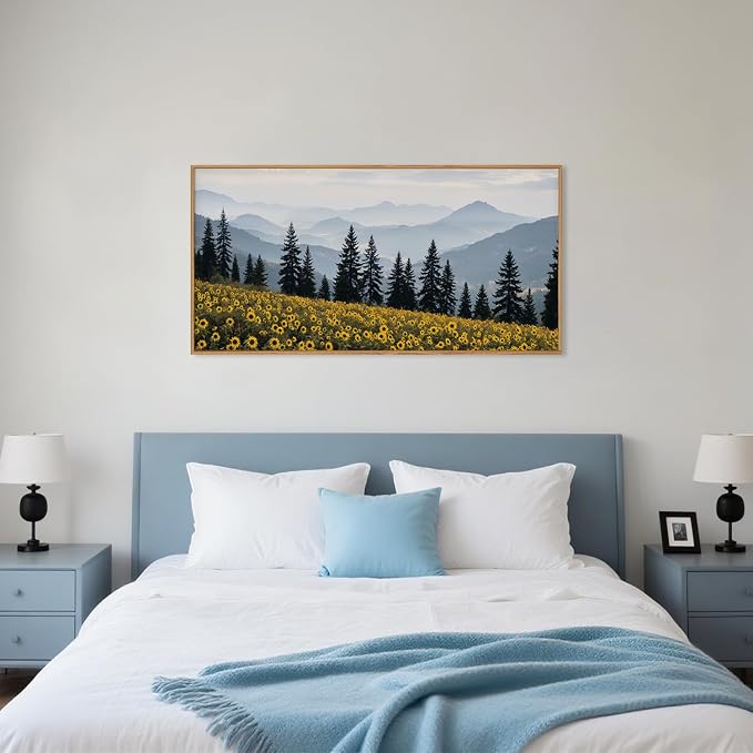 HPNIUB Large Boho Mountain Sunflowers Framed Canvas Wall Art Set, Nature Pine Tree Landscape Wall Decor, Misty Forest Art Print, Rustic Wildflower Painting Artwork for Living Room, Bedroom,Office -20''x40''