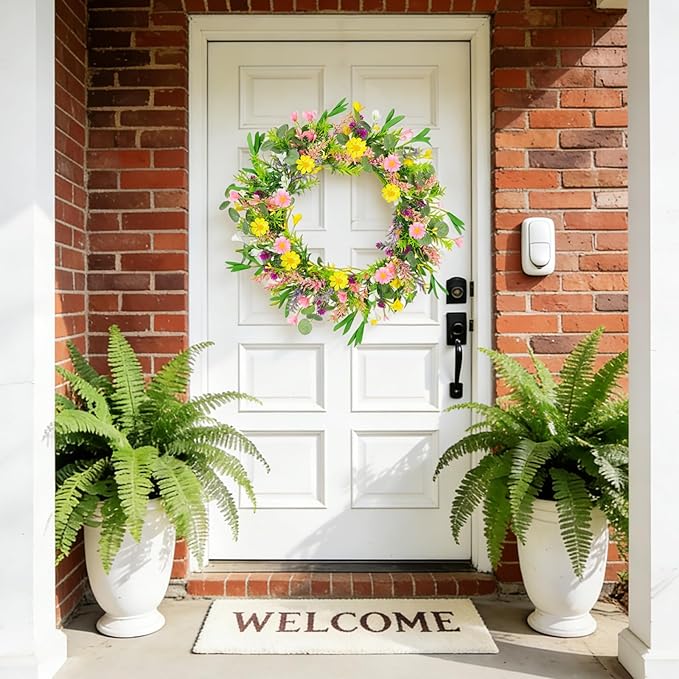 20 Inch Artificial Spring Wreath Handmade Wildflower Daisy Lavender Wreath Colorful Spring Wreath for Front Door Home Wall Porch Farmhouse