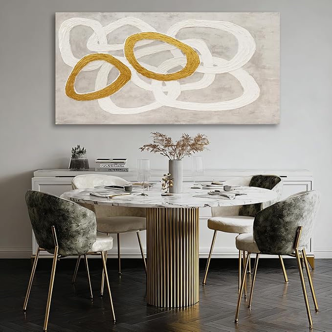 Dolidoteart Canvas Wall Art, Beige White Gold Abstract Wall Art Print, Hand-Painted Style Horizontal Artwork for Living Room Bedroom Office, 24x48 Inch