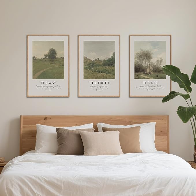 SIKERIC Vintage Christian Bible Verse Wall Art Set of 3, The Way The Truth The Life Framed Canvas Art Painting, Scripture Jesus Art Prints, Modern Village Decoration for Living Room, Church-16x24