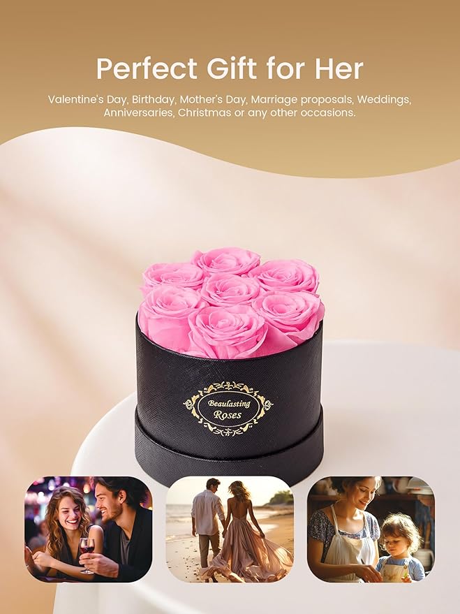 Beaulasting Long Lasting Preserved Roses in a Box Last a Year Forever Flowers for Her Mom Wife Anniversary Birthday (Round Black Box, Light Pink)