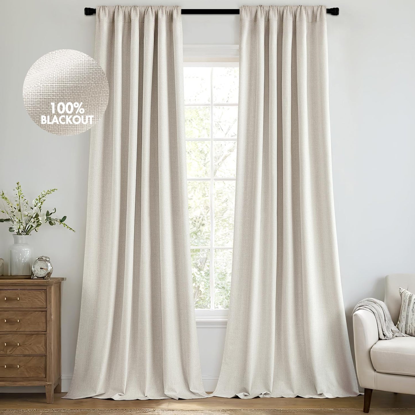 MIULEE 100% Blackout Curtains 80 Inch Long 2 Panels Set for Bedroom, Thick Luxury Faux Linen Black Out Curtain Room Darkening Back Tab Pleat Window Textured Drapes with Hooks for Living Room, Birch