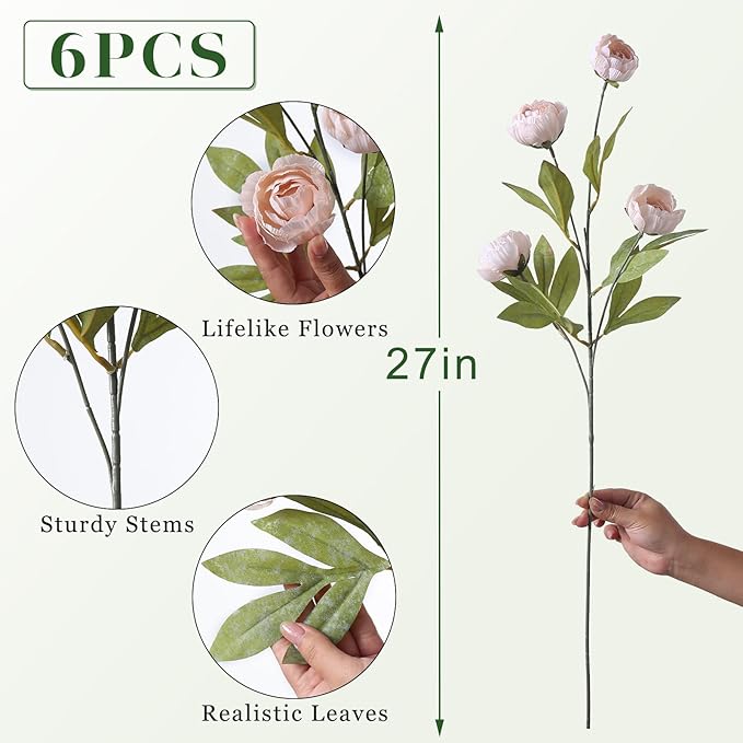 VIERENA 6 Pcs Faux Silk Peony Artificial Flowers for Vase -27", Bulk Fake Peonies Branches with Stems for DIY Bouquet Centerpieces Wedding Fillers Arrangements Shower Decorations (Beige)