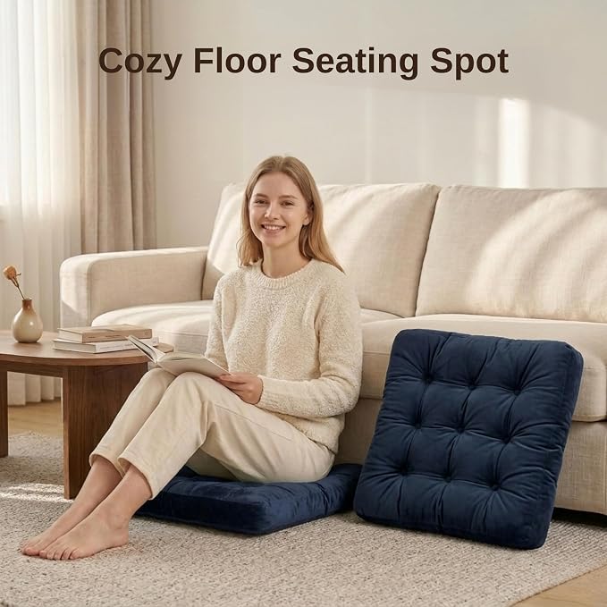 Floor Pillow for Adults, Soft Velvet Floor Cushion for Sitting, Single Square Tufted Floor Pillow for Reading Nook, Living Room, Bedroom, 22 x 22 Inch, Navy