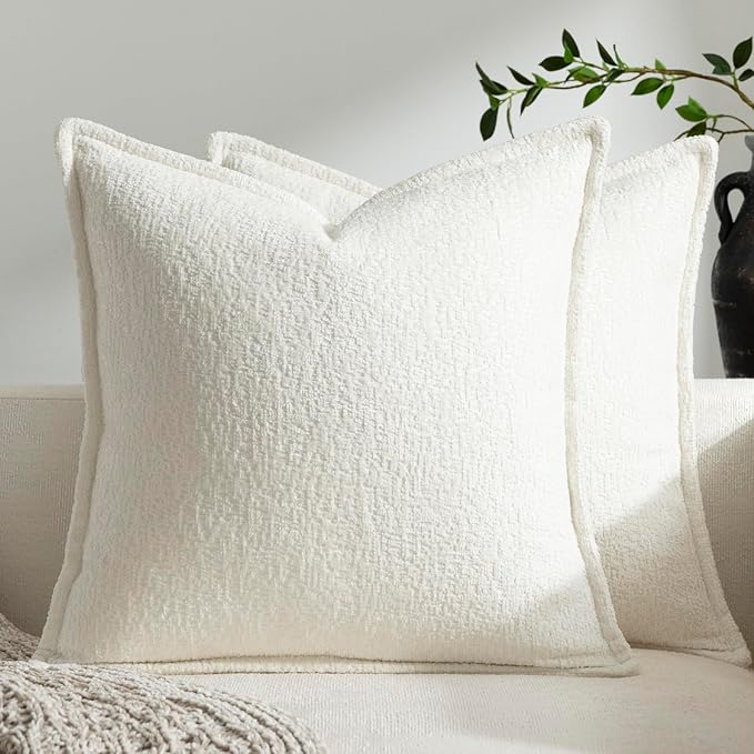 DEZENE Pack of 2 Cream White Decorative Throw Pillow Covers 16x16 Cozy Soft Chenille Accent Vintage Square Couch Pillow Covers for Home Decor Bed Sofa Living Room