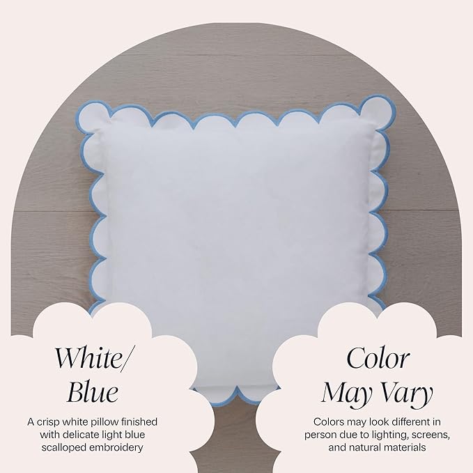 BEBE BASK Scalloped Pillow Cover - Set of 2-18 x 18 Inch - Scallop Pillow Cover – White and Blue Scalloped Pillows - Scallop Pillows - 100% Cotton - Grandmillennial Style (White/Blue)